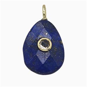 Natural Blue Lapis Lazuli Teardrop Pendant Pave Zirconia Faceted, approx 15-20mm [GM25186]