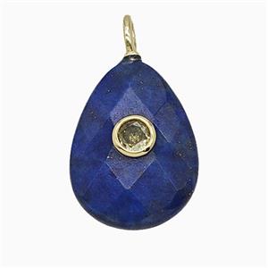 Natural Blue Lapis Lazuli Teardrop Pendant Pave Zirconia Faceted, approx 15-20mm [GM25187]