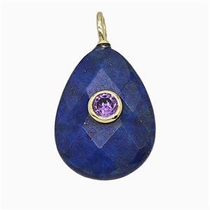 Natural Blue Lapis Lazuli Teardrop Pendant Pave Zirconia Faceted, approx 15-20mm [GM25188]