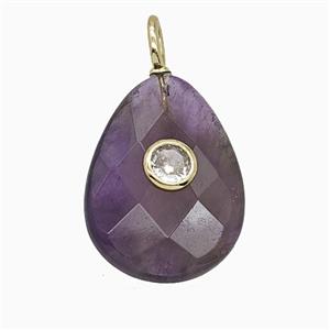 Natural Purple Amethyst Teardrop Pendant Pave Zirconia Faceted, approx 15-20mm [GM25189]