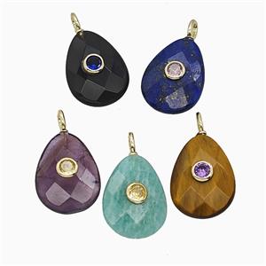 Natural Gemstone Teardrop Pendant Pave Zirconia Faceted Mixed, approx 15-20mm [GM25192]