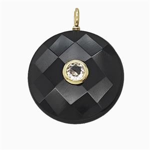 Natural Black Obsidian Circle Pendant Pave Zirconia Faceted, approx 25mm [GM25193]