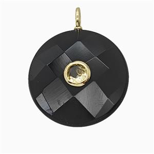 Natural Black Obsidian Circle Pendant Pave Zirconia Faceted, approx 25mm [GM25194]