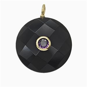 Natural Black Obsidian Circle Pendant Pave Zirconia Faceted, approx 25mm [GM25195]