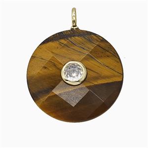 Natural Tiger Eye Stone Circle Pendant Pave Zirconia Faceted, approx 25mm [GM25199]
