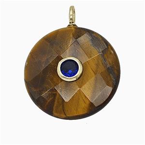 Natural Tiger Eye Stone Circle Pendant Pave Zirconia Faceted, approx 25mm [GM25200]
