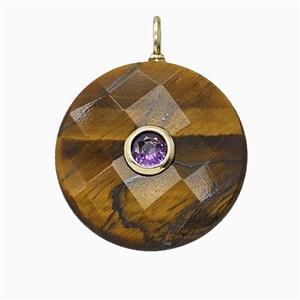 Natural Tiger Eye Stone Circle Pendant Pave Zirconia Faceted, approx 25mm [GM25201]