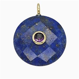 Natural Blue Lapis Lazuli Circle Pendant Pave Zirconia Faceted, approx 25mm [GM25204]