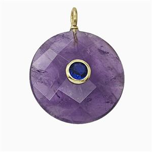 Natural Purple Amethyst Circle Pendant Pave Zirconia Faceted, approx 25mm [GM25207]