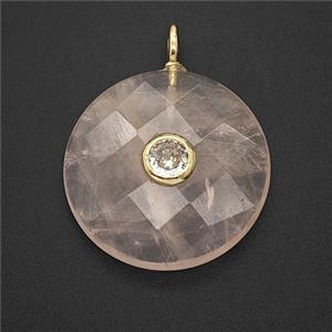 Natural Pink Rose Quartz Circle Pendant Pave Zirconia Faceted, approx 25mm [GM25208]