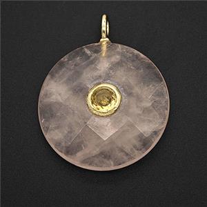 Natural Pink Rose Quartz Circle Pendant Pave Zirconia Faceted, approx 25mm [GM25209]