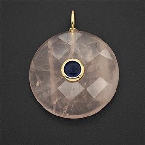 Natural Pink Rose Quartz Circle Pendant Pave Zirconia Faceted, approx 25mm [GM25210]