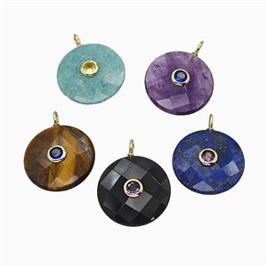 Natural Gemstone Circle Pendant Pave Zirconia Faceted Mixed, approx 25mm [GM25211]