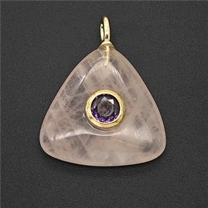 Natural Pink Rose Quartz Triangle Pendant Pave Zirconia, approx 20mm [GM25215]