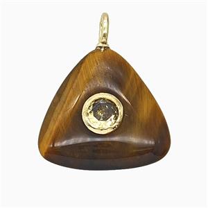 Natural Tiger Eye Stone Triangle Pendant Pave Zirconia, approx 20mm [GM25229]