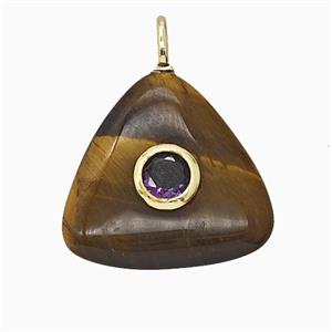 Natural Tiger Eye Stone Triangle Pendant Pave Zirconia, approx 20mm [GM25231]