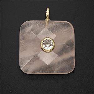 Natural Pink Rose Quartz Square Pendant Pave Zirconia Faceted, approx 25mm [GM25239]