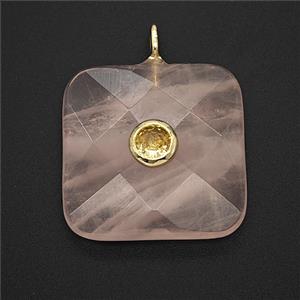Natural Pink Rose Quartz Square Pendant Pave Zirconia Faceted, approx 25mm [GM25240]