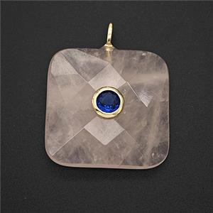 Natural Pink Rose Quartz Square Pendant Pave Zirconia Faceted, approx 25mm [GM25241]