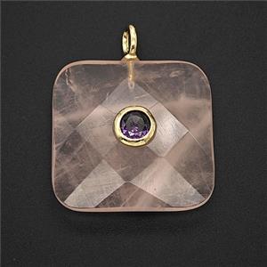 Natural Pink Rose Quartz Square Pendant Pave Zirconia Faceted, approx 25mm [GM25242]
