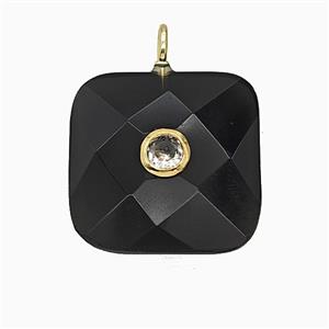 Natural Black Obsidian Square Pendant Pave Zirconia Faceted, approx 25mm [GM25243]