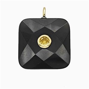 Natural Black Obsidian Square Pendant Pave Zirconia Faceted, approx 25mm [GM25244]