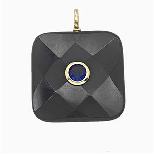 Natural Black Obsidian Square Pendant Pave Zirconia Faceted, approx 25mm [GM25245]