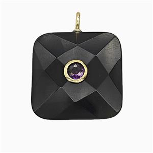 Natural Black Obsidian Square Pendant Pave Zirconia Faceted, approx 25mm [GM25246]