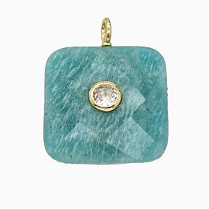 Natural Green Amazonite Square Pendant Pave Zirconia Faceted, approx 25mm [GM25247]