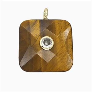 Natural Tiger Eye Stone Square Pendant Pave Zirconia Faceted, approx 25mm [GM25251]