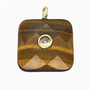 Natural Tiger Eye Stone Square Pendant Pave Zirconia Faceted, approx 25mm [GM25252]