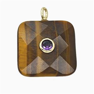 Natural Tiger Eye Stone Square Pendant Pave Zirconia Faceted, approx 25mm [GM25254]