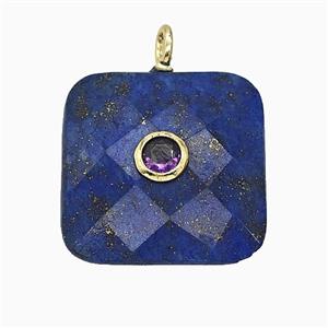 Natural Blue Lapis Lazuli Square Pendant Pave Zirconia Faceted, approx 25mm [GM25257]