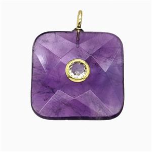 Natural Purple Amethyst Square Pendant Pave Zirconia Faceted, approx 25mm [GM25259]
