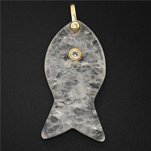 Natural Clear Crystal Quartz Fish Pendant Pave Zirconia, approx 20-40mm [GM25297]