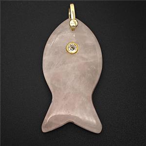 Natural Pink Rose Quartz Fish Pendant Pave Zirconia, approx 20-40mm [GM25298]