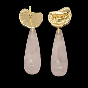 Rose Quartz Teardrop Copper Stud Earrings Gold Plated, approx 8-33mm [GM25321]