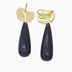 Black Obsidian Teardrop Copper Stud Earrings Gold Plated, approx 8-33mm [GM25322]