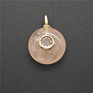 Natural Pink Rose Quartz Coin Pendant Pave Zirconia, approx 12mm [GM25339]