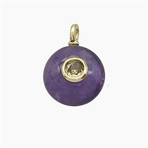 Natural Purple Amethyst Coin Pendant Pave Zirconia, approx 12mm [GM25349]
