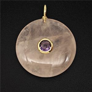 Natural Pink Rose Quartz Coin Pendant Pave Zirconia, approx 25mm [GM25406]