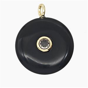Natural Black Obsidian Coin Pendant Pave Zirconia, approx 25mm [GM25407]