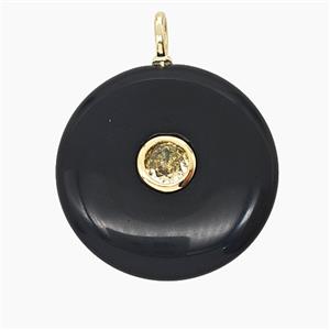 Natural Black Obsidian Coin Pendant Pave Zirconia, approx 25mm [GM25408]