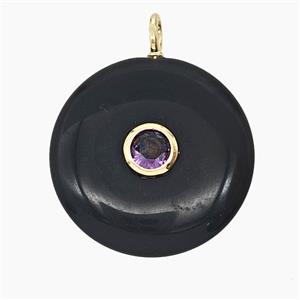 Natural Black Obsidian Coin Pendant Pave Zirconia, approx 25mm [GM25410]