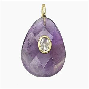 Natural Purple Amethyst Teardrop Pendant Pave Zirconia Faceted, approx 18-25mm [GM25465]
