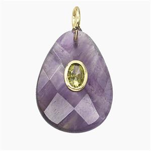 Natural Purple Amethyst Teardrop Pendant Pave Zirconia Faceted, approx 18-25mm [GM25466]