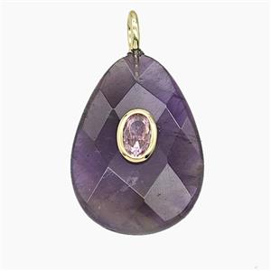 Natural Purple Amethyst Teardrop Pendant Pave Zirconia Faceted, approx 18-25mm [GM25467]