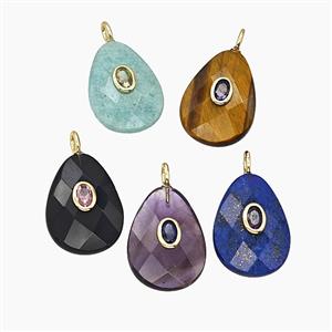 Natural Gemstone Teardrop Pendant Pave Zirconia Faceted Mix, approx 18-25mm [GM25473]
