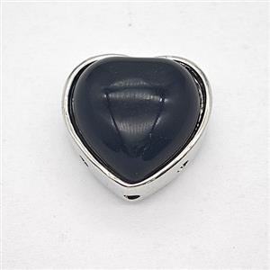 Black Obsidian Alloy Heart Beads Platinum Plated, approx 18mm [GM25581]
