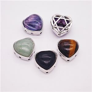 Natural Gemstone Alloy Heart Beads Platinum Plated Mixed, approx 18mm [GM25586]